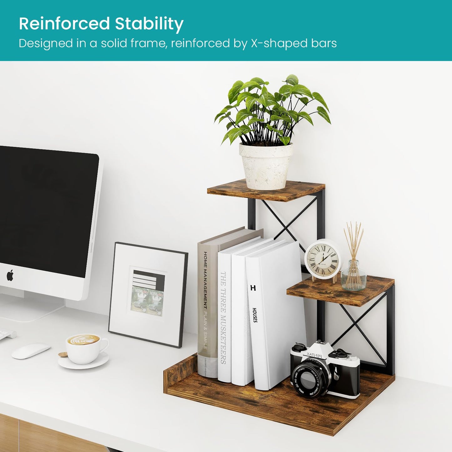 ELITEROO Wood Desktop Shelf, 3 Tier Desk Shelves + Printer Stand, Small Bookshelf Organizer, Printer Riser Stands, Office Storage Rack and Cubicle Organizers Accessories for Dorm Office Home, Brown