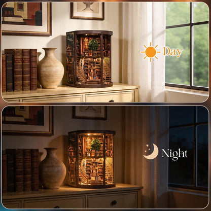 Kaayeewood Book Nook Kit, 3D Wooden Puzzles for Adults, DIY Miniature House Kit for Adults, Booknook with LED Light, Gifts for Family, Friends and Book Lovers, Bookshelf Decor(Wisdom Rings)