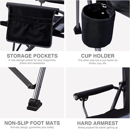 EVER ADVANCED Oversized Folding Camping Chair for Adults, Heavy Duty Lawn Chair with Side Pockets, Portable Collapsible Quad Chair for Outside, Support Up to 500lbs, Black 2PACK