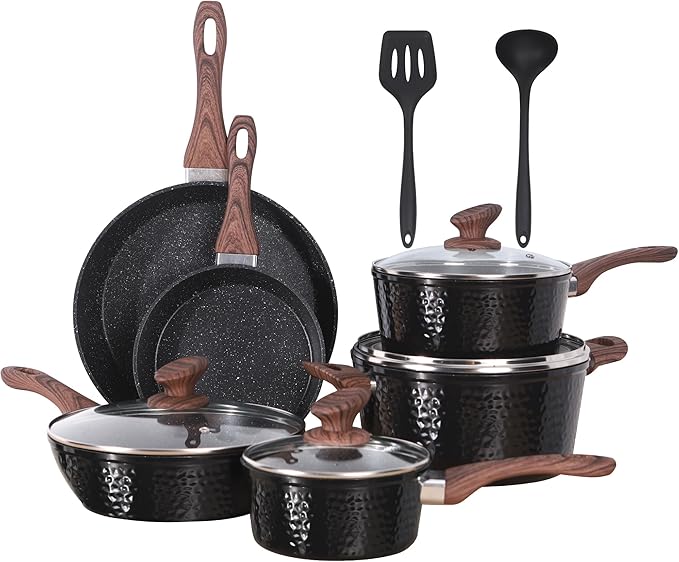 Kitchen Academy 12Pcs Nonstick Induction Pots and Pans Set, Hammered | Premium black healthy cookware for everyday cooking. Even heating, easy to clean. Stay-cool handles. 100% PFOA & PFAS free.