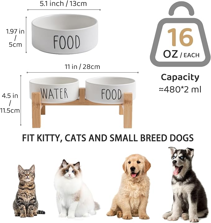 Elevated Ceramic Dog Bowls Set - Food & Water Lettering Raised Dog Bowl with Non-Slip Bamboo Stand for Cats and Small Dogs, Weighted Dogs Dishes Pet Bowls (5.1 inch, 2 * 16oz, White)