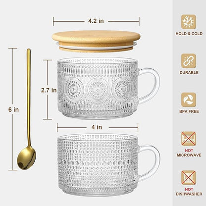 Vintage Coffee Mugs, Overnight Oats Containers with Bamboo Lids and Spoons - 14oz Clear Embossed Glass Cups, Cute Coffee Bar Accessories, Iced Coffee Glasses, Ideal for Cappuccino, Latte, 2 Pack