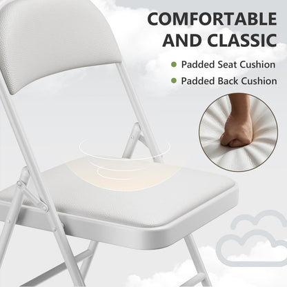FurniEdge Padded Folding Chairs 4 Pack, PU Leather Folding Chairs for Outside and Indoor, Heavy Duty Portable Foldable Metal Chairs for Home Office, Dorm, Party, Backyard, Patio, White