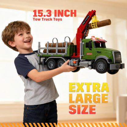 MAJCL 15" Large Timber Truck with Loading Crane and 6 Wooden Trunks, Realistic Logging Truck Toy for Kids Ages 3-5, Toy for Boys, Birthday Gift for Toddlers