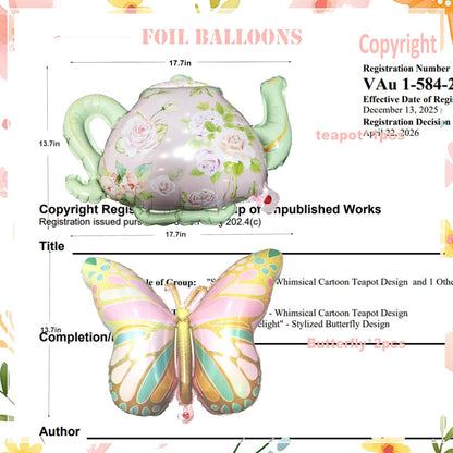 Tea Party Decorations Pastel Purple Pink Sage Green Gold Balloon Garland Arch Kit with Teapot Butterfly Foil Balloon for Tea Party Princess Birthday Spring Garden Baby Shower Bridal Shower Decoration