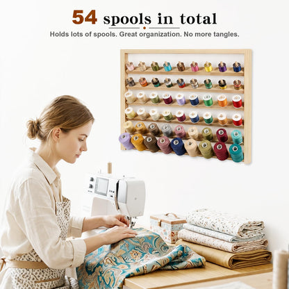 Wettin Premium 54 Spools Wooden Thread Rack – Wall Mounted Sewing Thread Holder Organizer for Craft Room, Embroidery, Hair-braiding & Jewelry Hanging, Includes Hanging Hooks