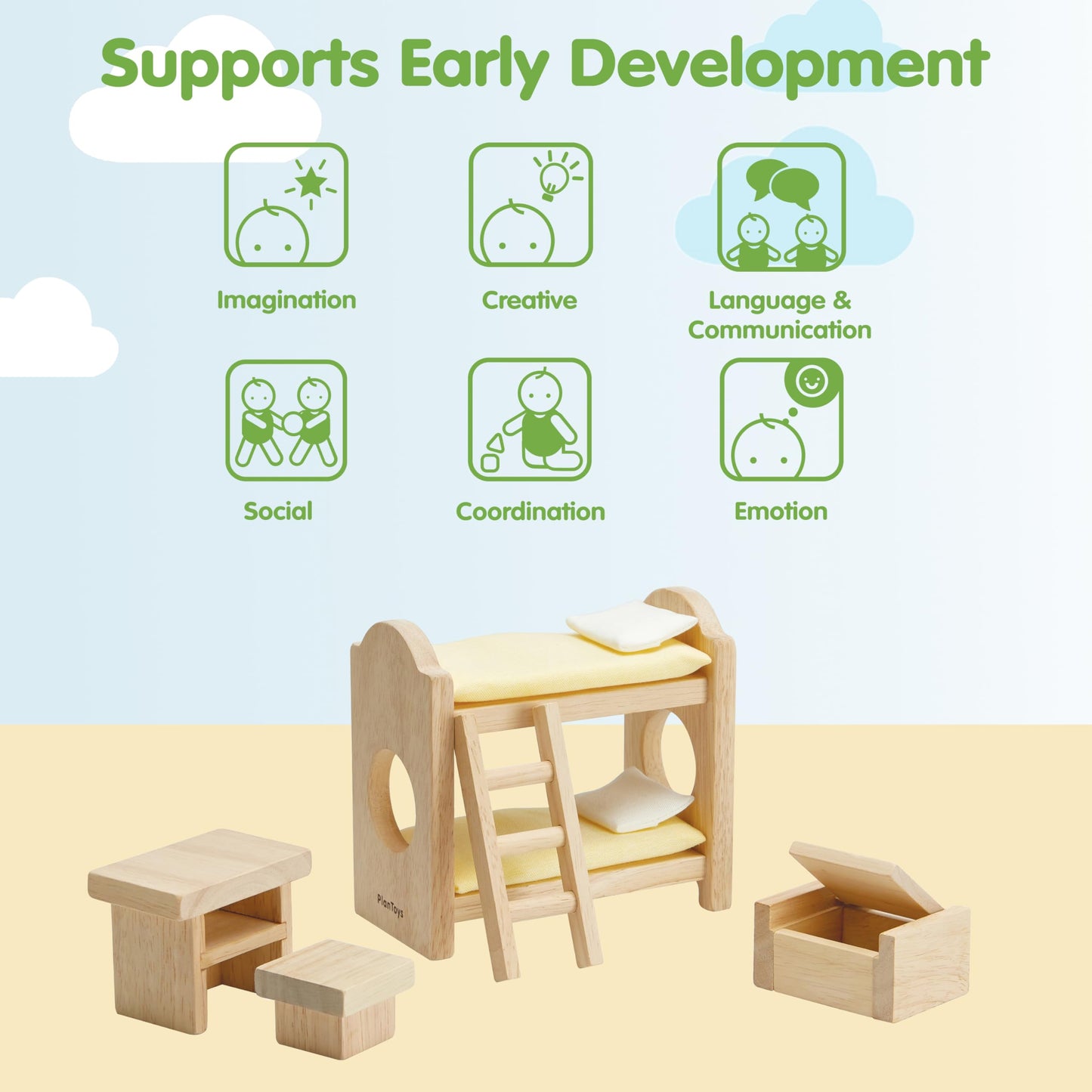 PlanToys® Wooden Children’s Room Classic Set for Montessori Small World Play | Creative Role Play and Social Interaction | Eco Friendly Wooden Dollhouse Bedroom Furniture for Imaginative Play
