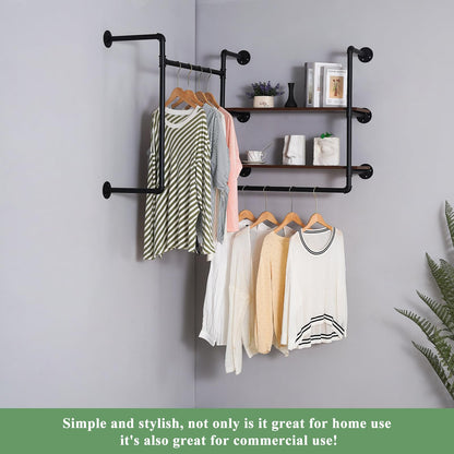 EDCB Industrial Pipe Wall-Mounted Clothing Rack with 2 Wood Shelves - Heavy Duty Double Rod Metal Garment Organizer for Bedroom/Retail Stores, Black (30H×12.5D×59W inch)