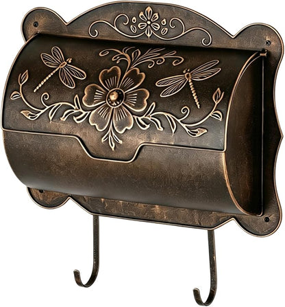 Wall Mount Mailbox with Newspaper Holder, Upgraded Embossed Vintage Mailbox Wall Mount, Dragonfly & Floral Decorative Front Porch Antique Mailboxes, Mail Boxes for House Outside Garden
