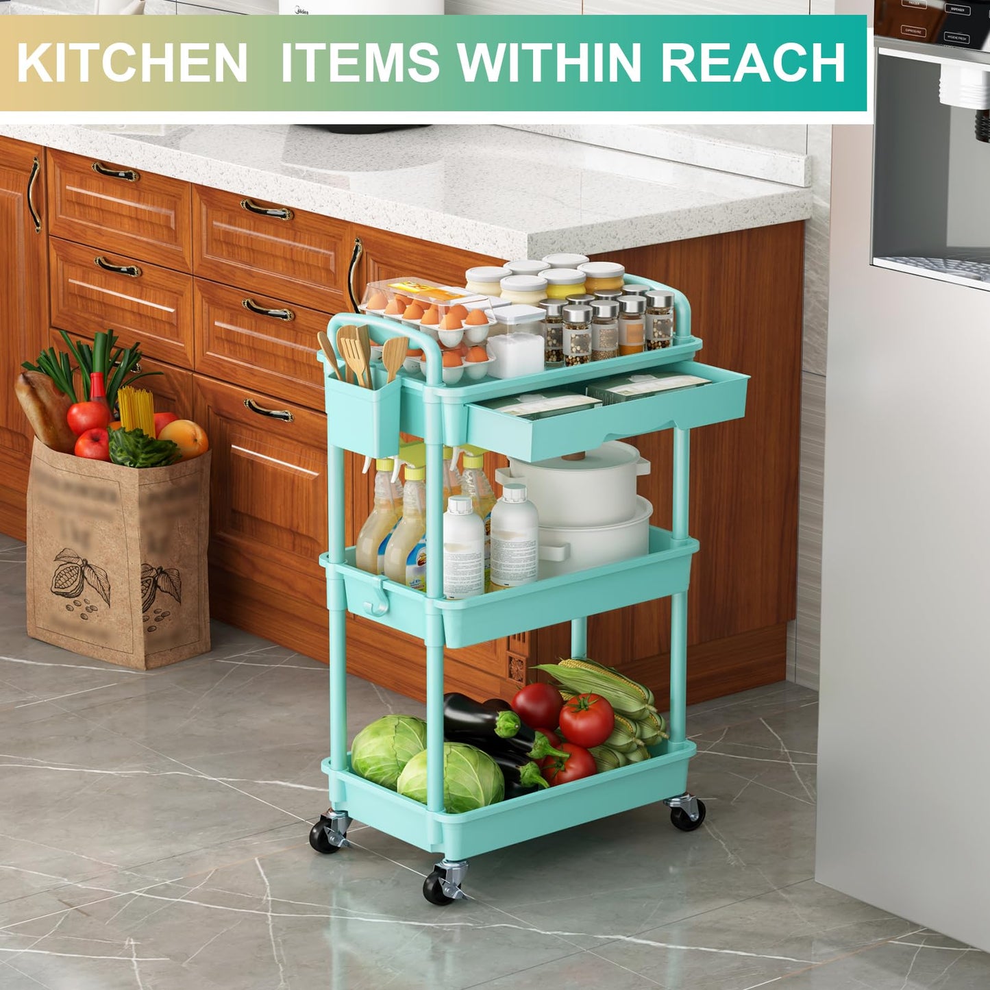 Goovilla 3 Tier Rolling Utility Cart Organizer with Removable Drawer, Stable and Sturdy Black Rolling Storage Carts with 2 Lockable Wheels for Bathroom, Kitchen, Snack, Craft, Makeup, Baby Essentials