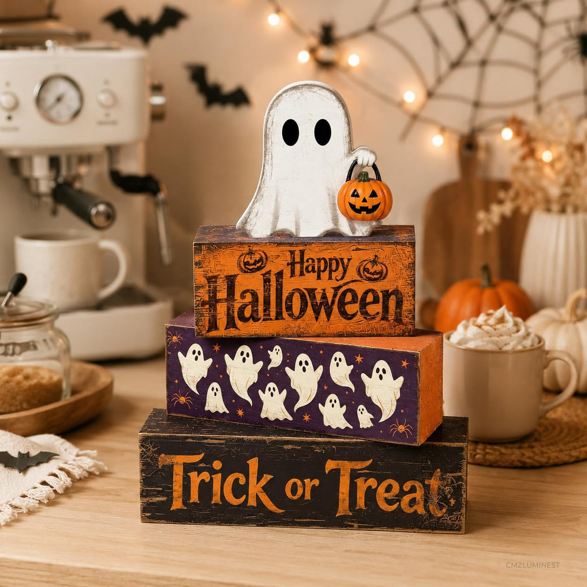 4 Pcs Halloween Table Decorations, Rustic Farmhouse Wooden Block Signs with Ghost & Jack-o'-Lantern, Trick or Treat Tiered Tray Decor, Happy Halloween Tabletop Centerpiece for Home Office Mantel Kitchen Shelf