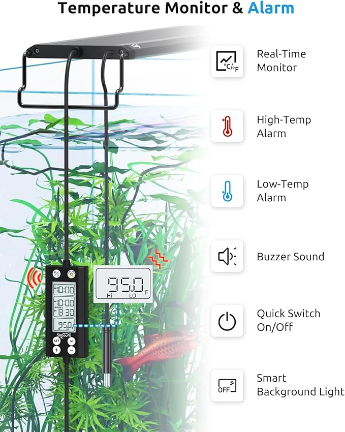 SEAOURA Aquarium LED Light with Thermometer, 30-36in Full Spectrum Lights for Fish Tank, 24/7 Programmable with Power Off Memory, WRGB Custom, 20 Level Dimmable Brightness for Freshwater Aquariums