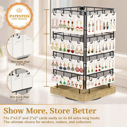 MODOWEY Earring Card Display Stand for Vendors, 64 Hooks Rotating Organizer Tree Holder, 4 Tier Jewelry Rack with Wooden Base for Stud Pierced Earring Selling, Grab Attention to Boost Sales, Oak