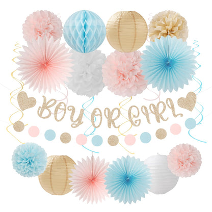 Light-Pink Blue Champagne Gender-Reveal Party-Decorations - 22pcs Boy Or Girl Banner,Neutral Paper Lanterns Streamers,Tissue Pom Poms Flowers Fans Bear Theme Decor Supplies Hugmoon
