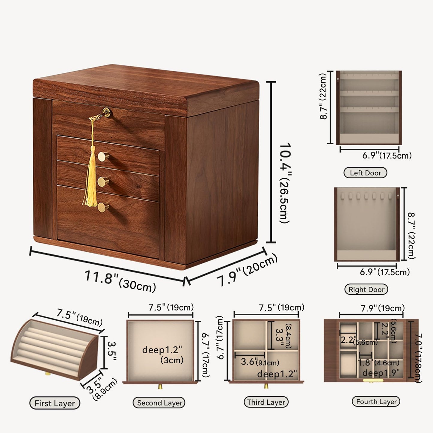 Homruilink Black Walnut Wooden Jewelry Box, Wood Jewelry Organizer with 2 Side Doors Mirror Lockable Classical for Watch Necklace Ring Earring, Fathers Day Gift-4 Layer with Curved Ring Grooves