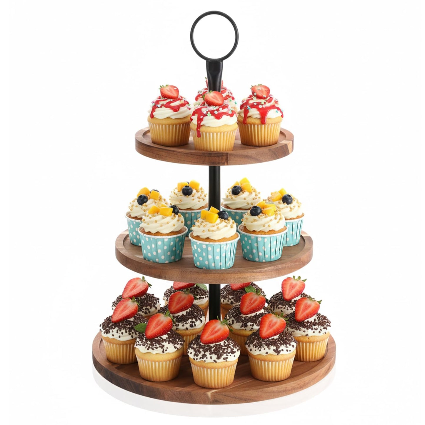 3 Tier Cupcake Stand, Round Wooden Cupcake Display Stand with Metal Handle, Wood Tiered Serving Tray Cupcakes Tower, Rustic Dessert Table Display Holder, for Wedding Tea Party Decor