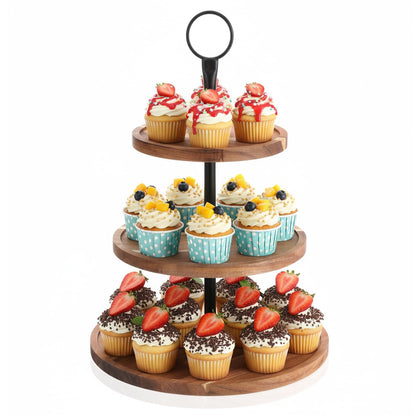 3 Tier Cupcake Stand, Round Wooden Cupcake Display Stand with Metal Handle, Wood Tiered Serving Tray Cupcakes Tower, Rustic Dessert Table Display Holder, for Wedding Tea Party Decor