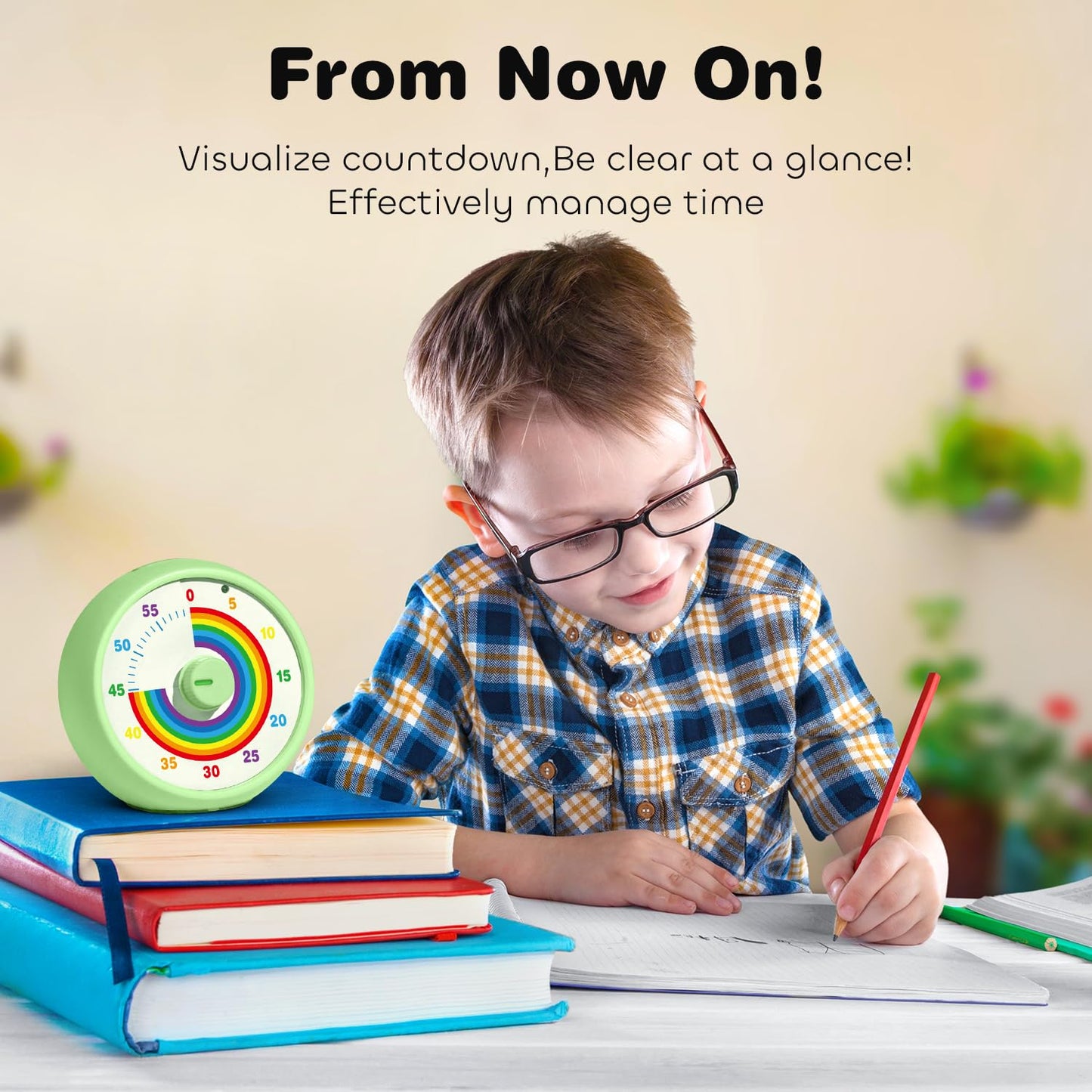 Visual Timer for Kids, 60-Minute Countdown Timer for Classroom Office Kitchen, Desk Timer Kids Time Management Tools with Silent Operation, Pomodoro Time Rainbow Pattern (Green)