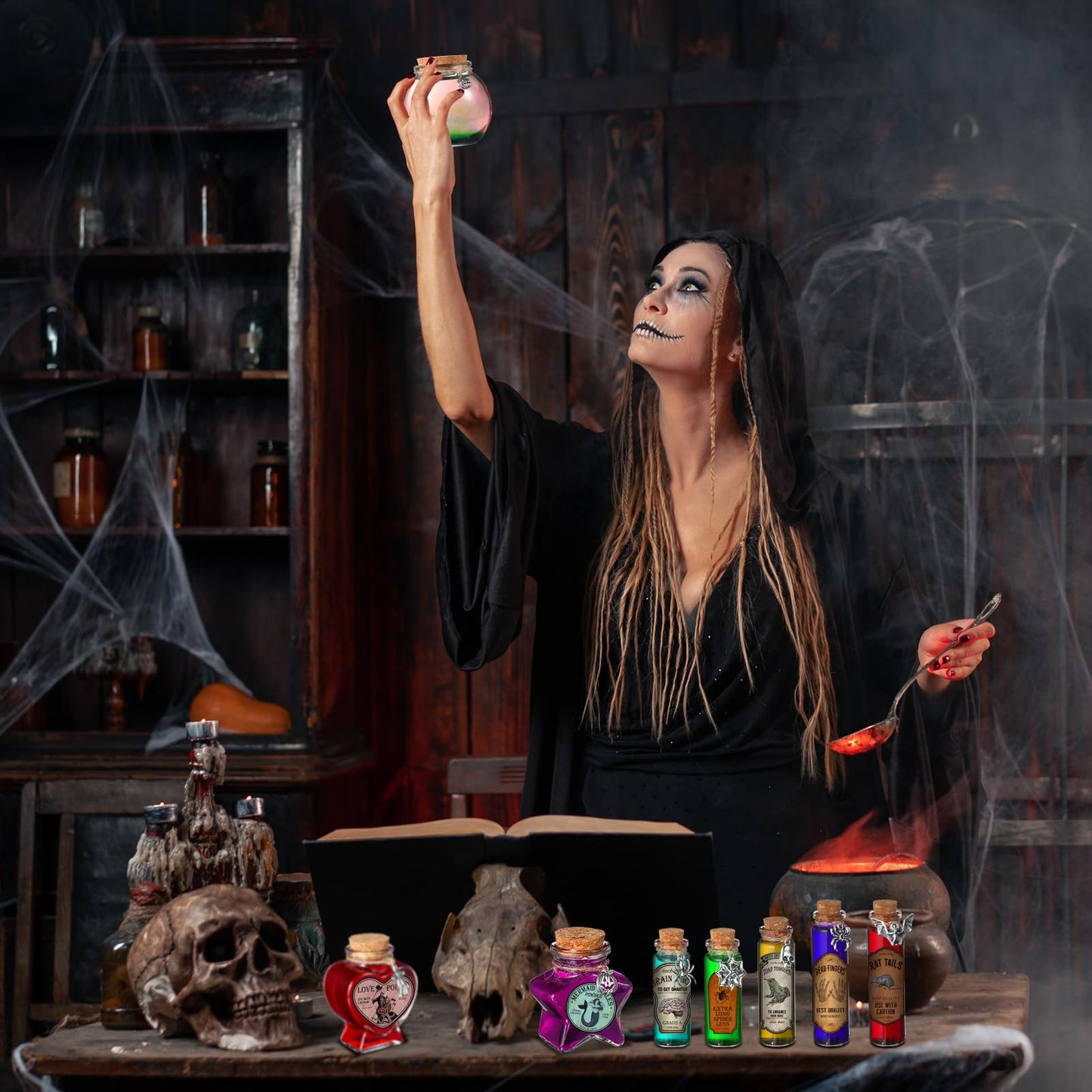 Sliner 180 Pcs Halloween Potion Bottles Set Includes 60 Cork Stoppers Glass Bottles 60 Charms Pendants 60 Apothecary Bottle Labels with a Jute Rope for Party Decoration Gifts Photo Props