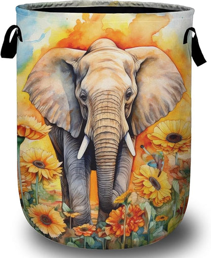 Watercolor Elephant Sunflower Laundry Basket, Foldable Wild Animals Laundry