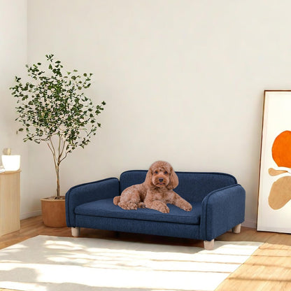 Big Sized Dog Bed -Wooden Frame Pet Sofa Couch, Washable Cushion Cat Couch, Linen Fabric Dog Sofa and Chair for Medium Pet Rest. (Blue)