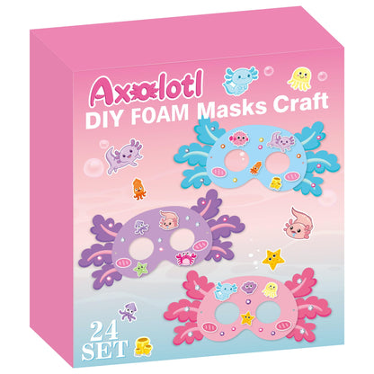 FoszaSzept Axolotl DIY Mask Craft Kit, 24Pcs Sea World Foam Axolotl Face Mask with Diamond Stickers, Make Your Own EVA Animal Birthday Party Favors for Kids School Classroom Art Activity Project