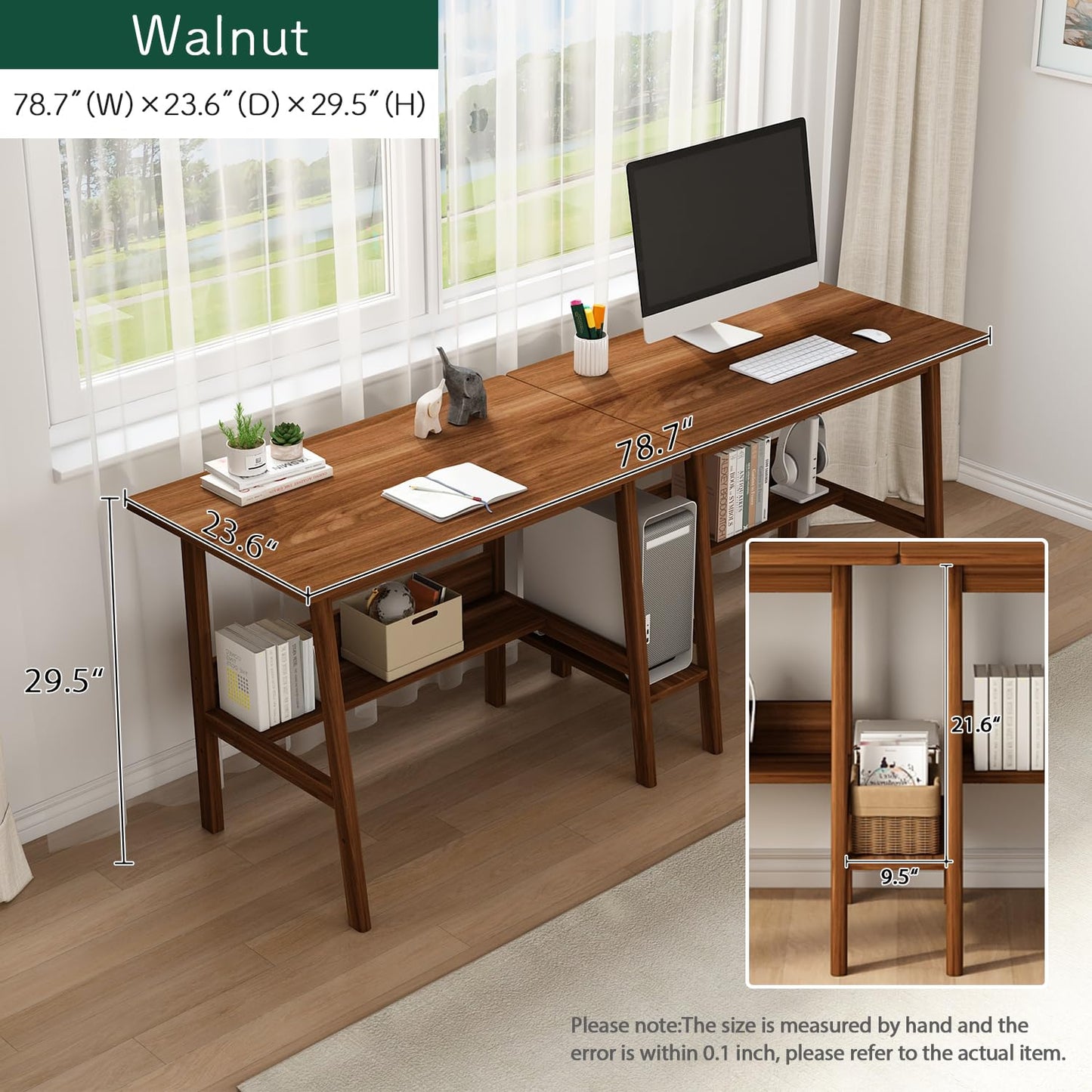 NELYE 2-Person Writing Desk with Bookshelf - 79" Wooden Extra Long Home Office Work Table, Double Study Computer Workstation with Storage Shelves in Walnut, 79" W x 24" D