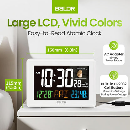 Baldr Atomic Clocks for Bedrooms Digital Large Display - White - Desk Clock with Temperature Indoor and Humidity, Night Stand Clock, Moon Phase Clock, Alarm Clocks for Living Room, Digital Clock Wall