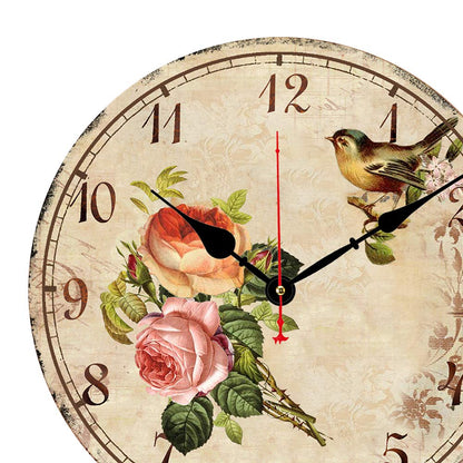 BERYART 14 Inch Silent Non-Ticking Wall Clock, Big Arabic Numerals Wall Clocks, Wooden Round Clock, Battery Operated Home Decor Hanging Clocks, Bird on Flower Pattern Clock …