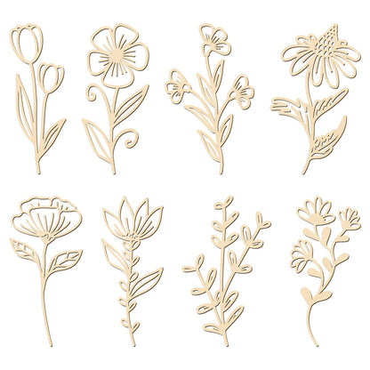 PerKoop 8 Pcs 3D Wooden Flowers Wall Decor, Unfinished Paintable Boho Wildflowers Hanging Sculpture for DIY Craft, Nursery, Bedroom, Living Room, Housewarming Gifts, Home Decorations(Elegant Style)
