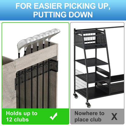 Ponsonbay Golf Bag Storage Organizer for Garage, Premium Wooden 2 Golf Bags Rack with Drawer, Easy Assemble Golf Club Stand/Holder Suitable for Garage Home Simulator and Office
