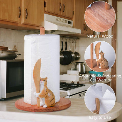 Cat Wooden Paper Towel Holder,9.5" Large Thicken Base Wood Kitchen Tissue Holder, Freestanding Paper Towel Holders, Suitable for Farmhouse, Kitchen Countertop Decorative Paper Towel Holder (cat)