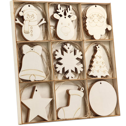 Wohohoho 45Pcs Unfinished Paintable Blank Wooden Christmas Ornaments with Tray, 9 Designs DIY Predrilled Wood Ornaments for Crafts. Christmas Tree Hanging Decorations Xmas Art Birthday Gift for Kids