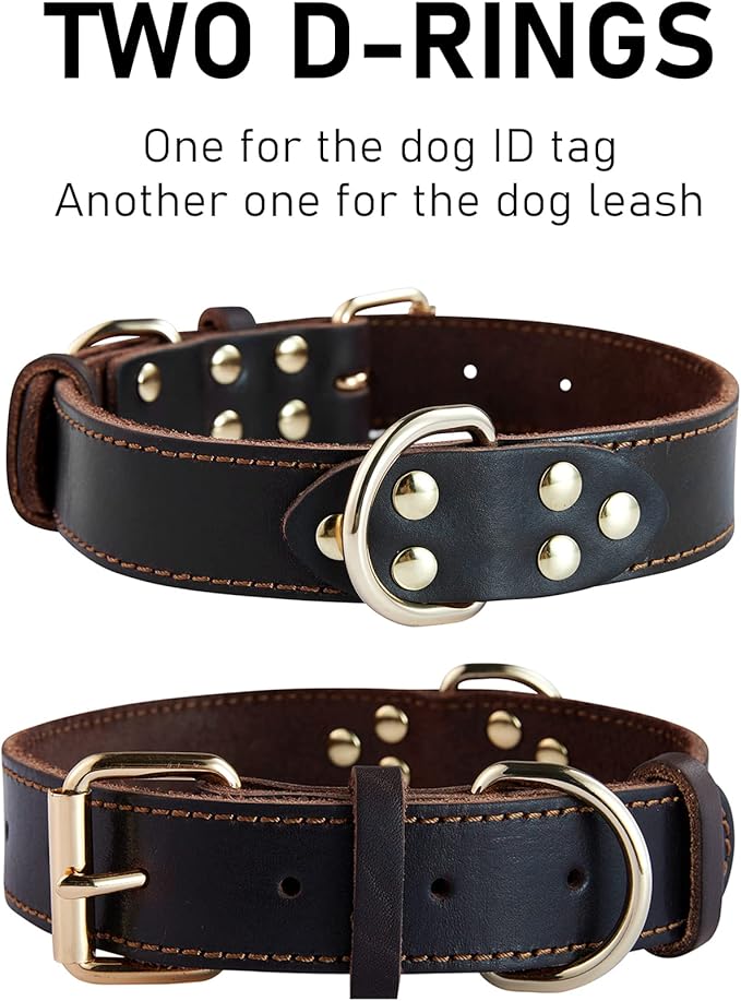 Leather Dog Collar, Heavy Duty, Wide, for Large Dog, Single Stitch - Brown