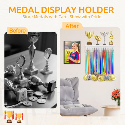 D.S.Exthefic Medal Hanger Display and Trophy Shelf Organizer, Wooden Wall Mount Ribbon Holder with 25 Steel Hooks, Race Awards Storage Rack Stand for Sports Enthusiasts, White with Golden Peg