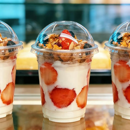 Zezzxu 50 Pack 12 oz Disposable Parfait Cups with Dome Lids No Hole, Toppings Compartment and Spork, Yogurt Conatiner with Granola Holder for Take Away Breakfast and Snacks, No Leaking