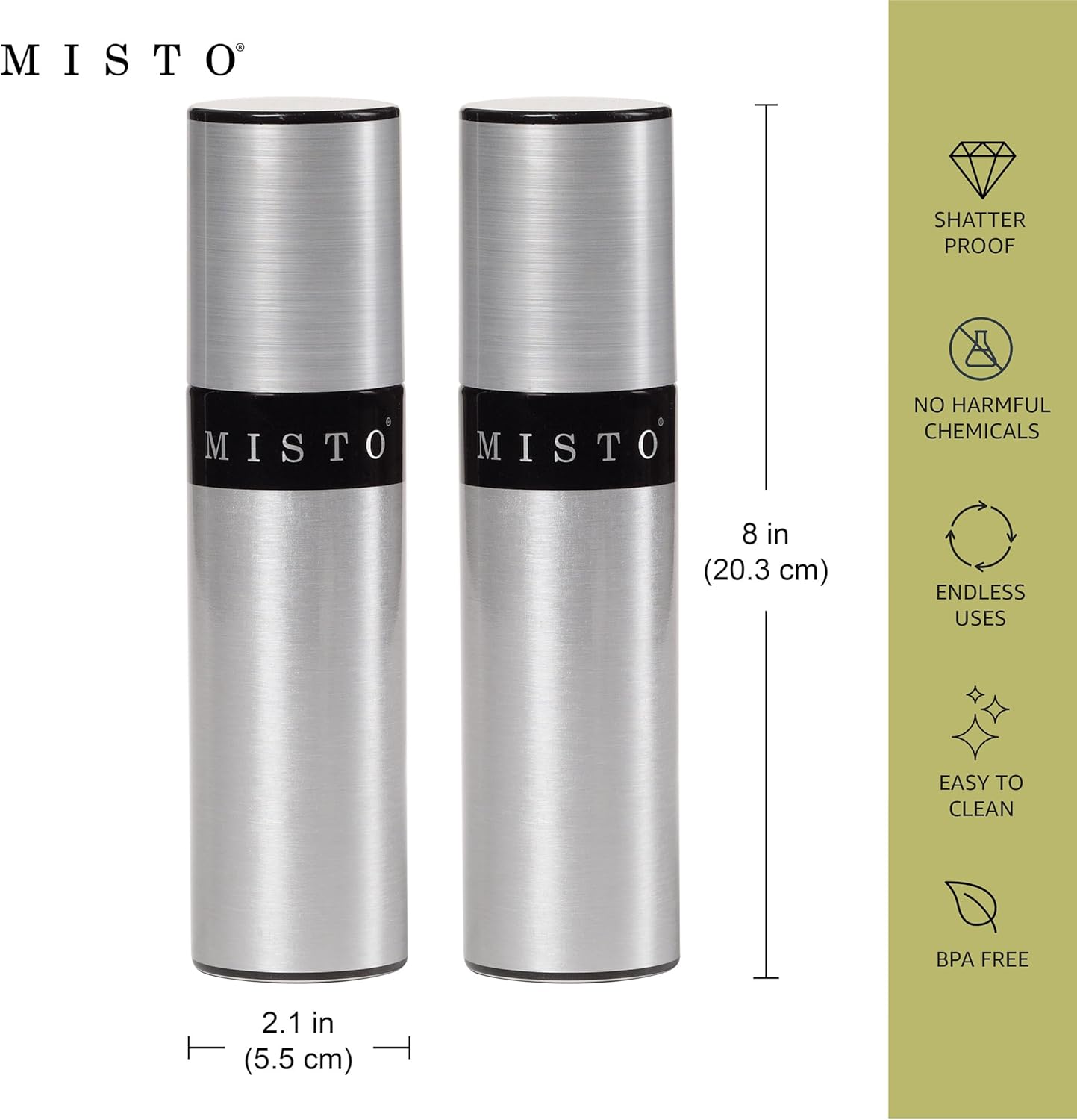 Misto Aluminum Oil Sprayer, Set of 2, Versatile Refillable Aerosol Sprayers for Olive Oil, Vinegar, Lemon Juice, Dressings, and More, Ideal for Cooking, BBQ, and Air Fryers