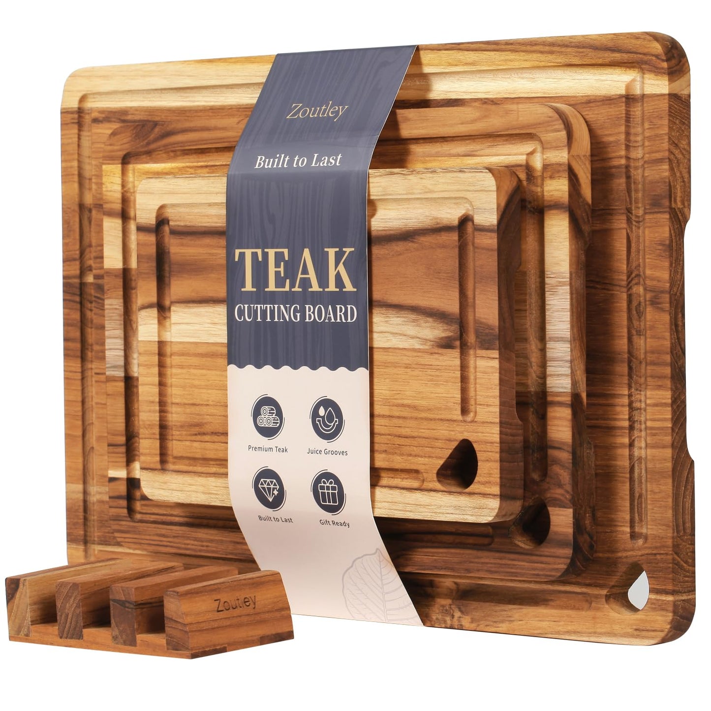 Zoutley 3-Piece Teak Wood Cutting Board for Kitchen, Knife-Friendly Chopping Boards with Juice Grooves & Storage Stand, Heavy Duty Wooden Boards for Meat, Fruit & Cheese, Ideal Housewarming Gift