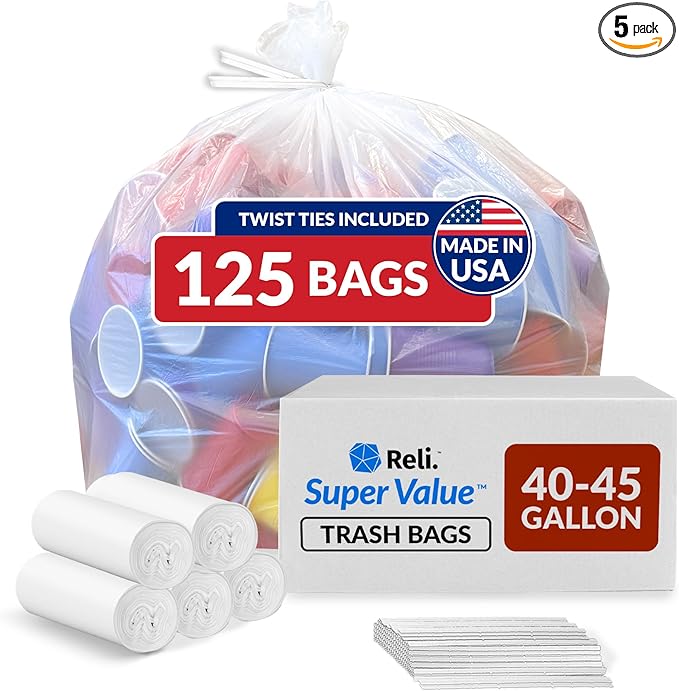 Reli. 40 to 45 Gallon Trash Bags Heavy Duty | 125 Trash Bags