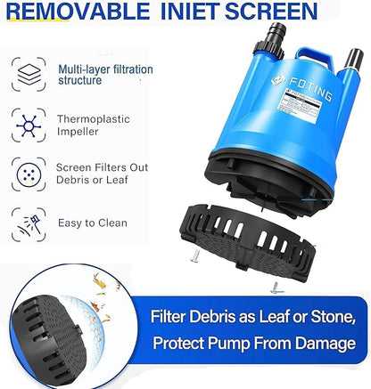 FOTING Sump Pump, 1/4HP 1676GPH Portable Submersible Water Pump for Clean&Dirty Water Removal, Thermoplastic Electric Utility Pump with 10FT Cord for Pool Draining Hot Tub Garden Basement, Blue