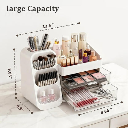 Bathroom Countertop Makeup Organizer with Brush Holder, Large Cosmetic make up storage organizers with 2 Drawers for Vanity Counter top, Makeup Caddy for skincare, lipsticks, hairbrush