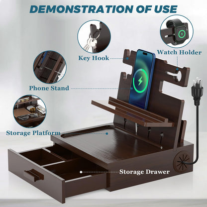 sandpaint Nightstand Organizer for Men with Drawer Wood Docking Station with USB Ports and AC Outlets, Gifts for Men, Holds Phone, Tablet, Keys, Glasses, Earphones Etc（Brown）
