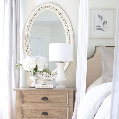 H HOMEWINS Oval Mirrors for Wall,20x30 Oval Wooden Rustic Farmhouse White Beads Boho Decorative Mirror for Bedroom, Bathroom, Living Room,Vanity