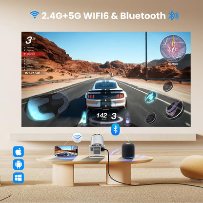 [180°Adjustable Stand] Smart Mini Portable Projector with WiFi and Bluetooth, Auto Keystone Upgraded 350ANSI, Android11.0, Ceiling, Outdoor Use, Compatible with TV Stick Smartphone/HDMI/USB(White）