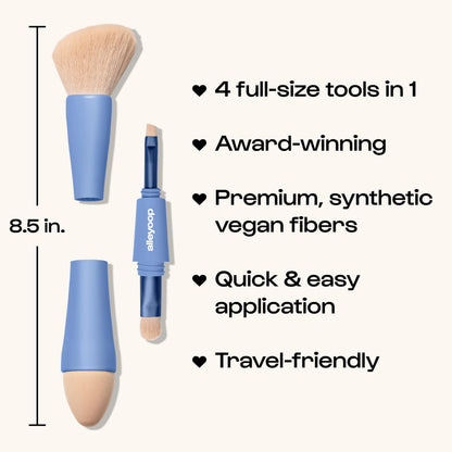 Makeup Brush Set Alleyoop Multi-Tasker 4-in-1 Travel Make Up Brush Set + Blending Sponge Refill Pack – Compact Makeup Brushes for Foundation, Blush, Bronzer, Contour, Eyeshadow, Brows & Liner
