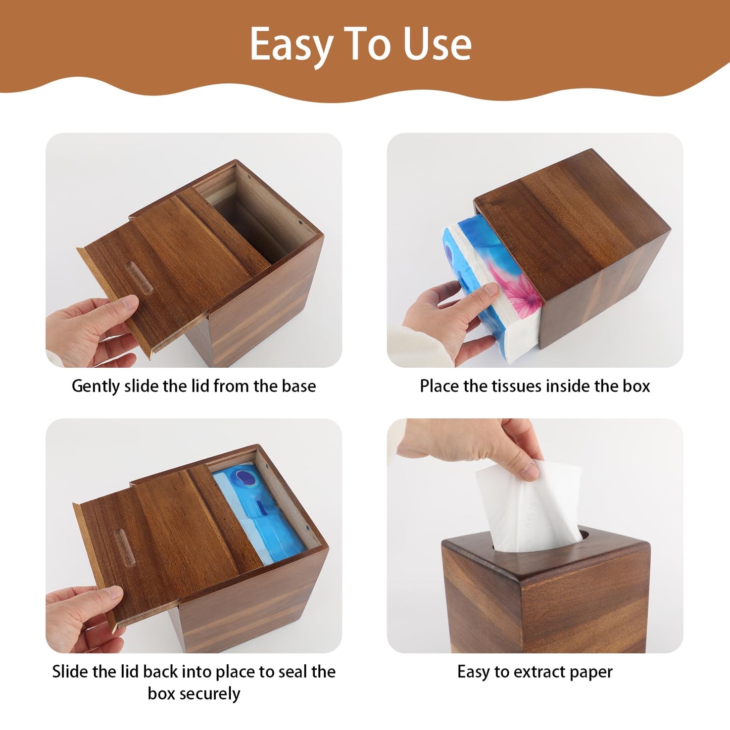 Tissue Box Cover,Square Wooden Tissue Holder with Slide-Out Bottom, Acacia Wood Facial Paper Holder for Bathroom,Living Room,Office, Decorative Cube Facial Tissue Box Cover,Modern Farmhouse Style