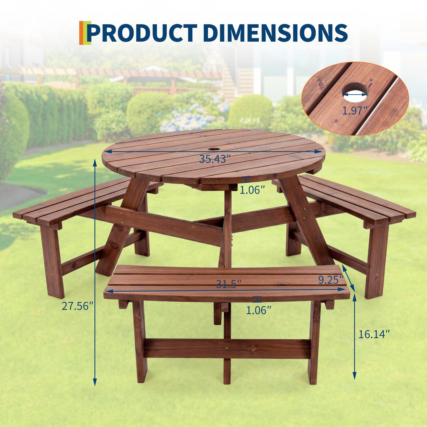 Garvee 6 Person Wooden Picnic Table, Outdoor Picnic Tables with 3 Built-in Benches, Circular Camping Dining Table and Chairs Set with Umbrella Hole for Garden, Patio, Backyard, Walnut Brown