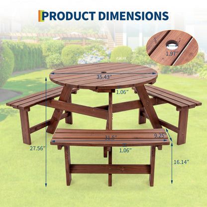 Garvee 6 Person Wooden Picnic Table, Outdoor Picnic Tables with 3 Built-in Benches, Circular Camping Dining Table and Chairs Set with Umbrella Hole for Garden, Patio, Backyard, Walnut Brown