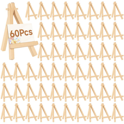 60 Pack 5 Inch Mini Wood Display Easel Artist Small Wooden Easel Stand Natural Wooden Mini Easels A-Shaped Small Wood Easels for Card Artist Photos Tabletop Phone Wedding