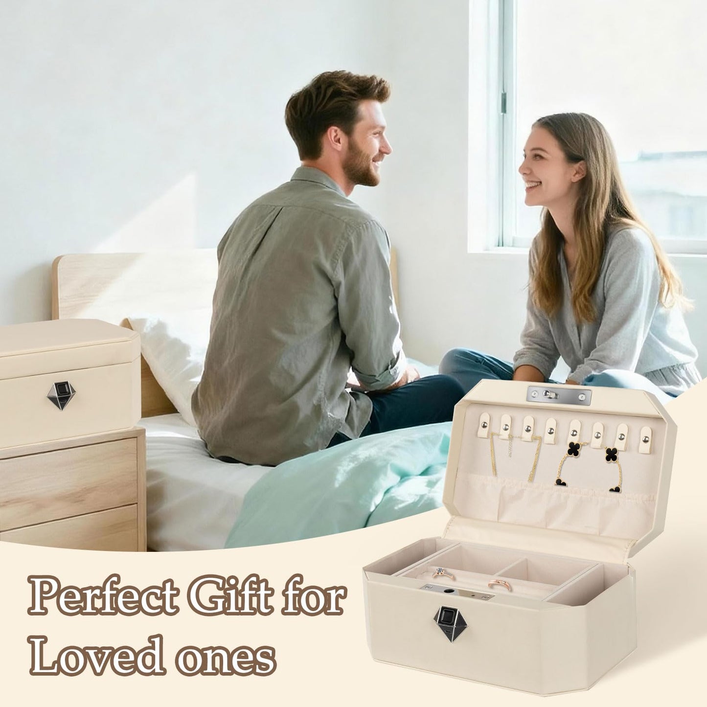 XPEDITION Biometric Fingerprint Lock Jewelry Safe Leather-Wrapped Two-Tier Jewelry Box with Quick Access & Keyless Entry, Perfect for Home Use